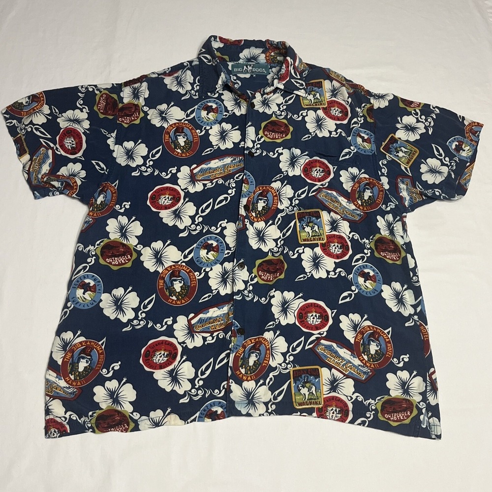 Vintage Big Dogs Hawaiian Shirt Mens L Blue Tropical Print Aloha Floral Hawaii